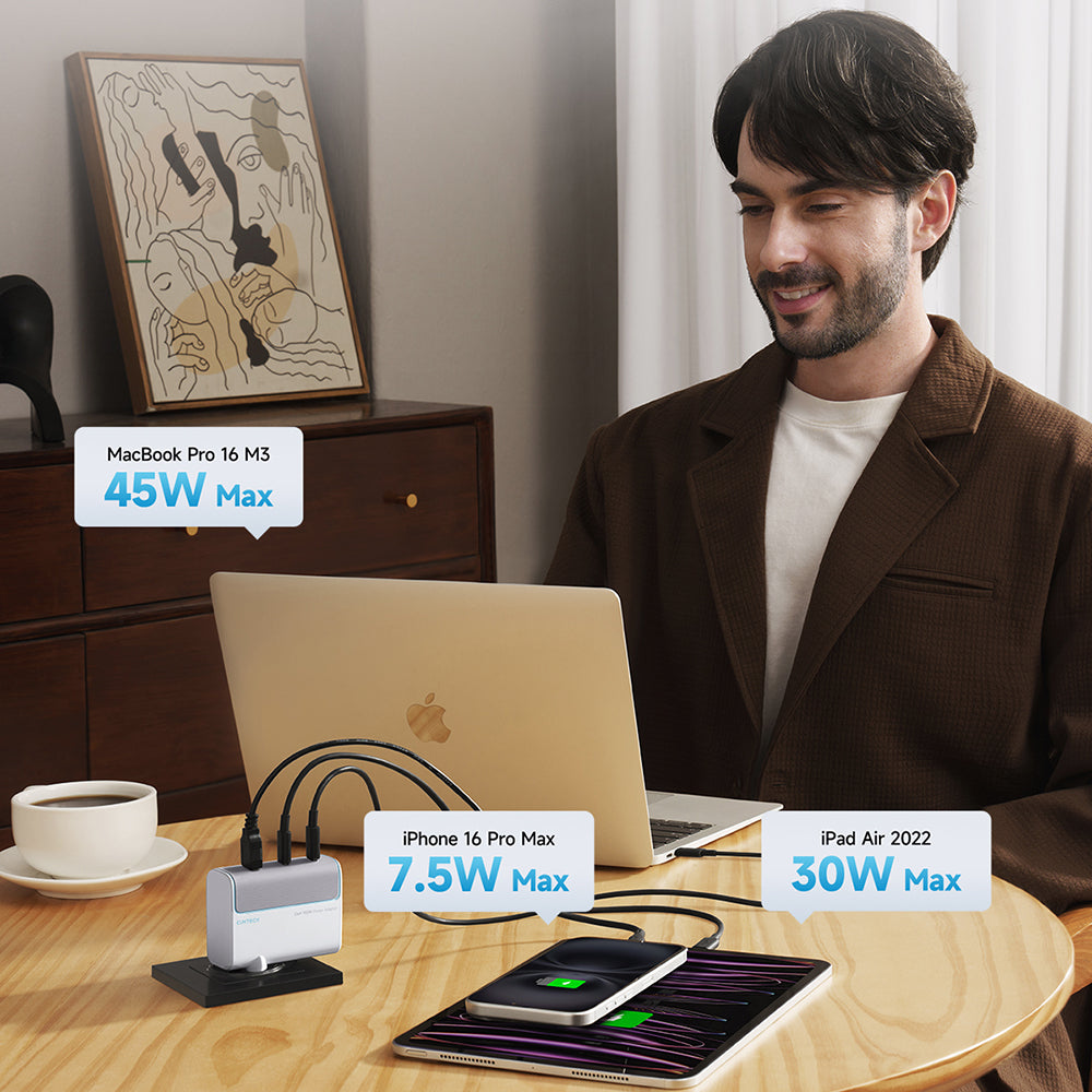 Nettlader med USB-C-kabel Cuktech, 100W, 5A, 1 x USB-A - 2 x USB-C, hvit CKAD1003EUGW