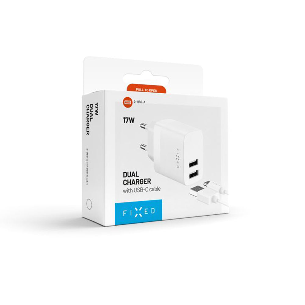 Nettlader med USB-C-kabel Fixed, 17W, 3A, 2 x USB-A, Hvit