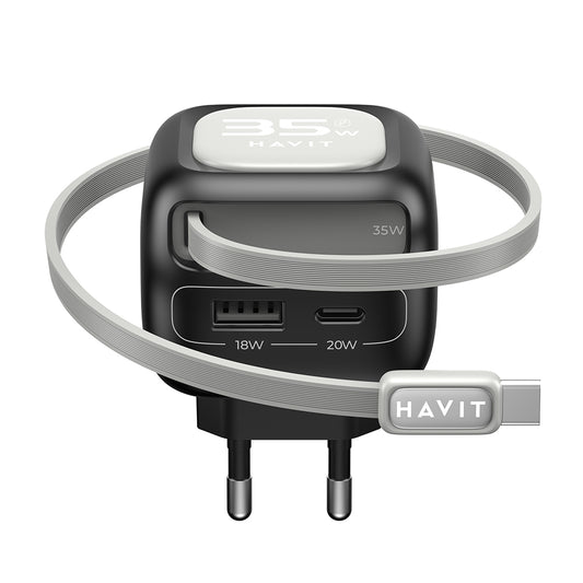 Nettlader med USB-C-kabel HAVIT UC251, 35W, 3A, 1 x USB-A - 1 x USB-C, Svart Grå