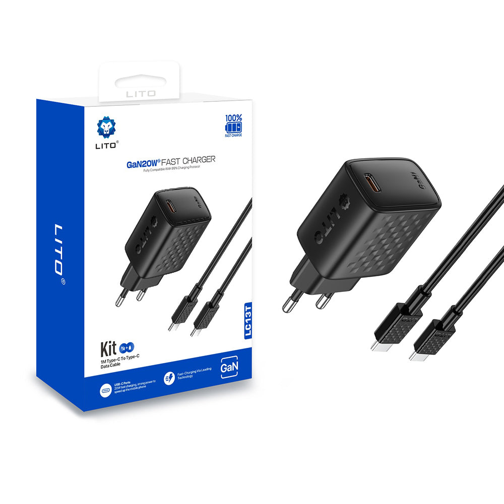 Nettlader med USB-C-kabel Lito LC13T, 20W, 3A, 1 x USB-C, Svart