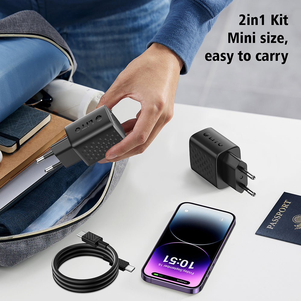 Nettlader med USB-C-kabel Lito LC13T, 20W, 3A, 1 x USB-C, Svart