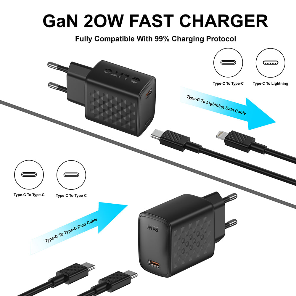 Nettlader med USB-C-kabel Lito LC13T, 20W, 3A, 1 x USB-C, Svart