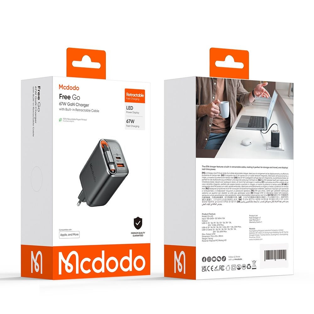 Nettlader med USB-C-kabel McDodo CH-4100 FreeGo Display, 67W, 3.35A, 1 x USB-A - 1 x USB-C, Svart