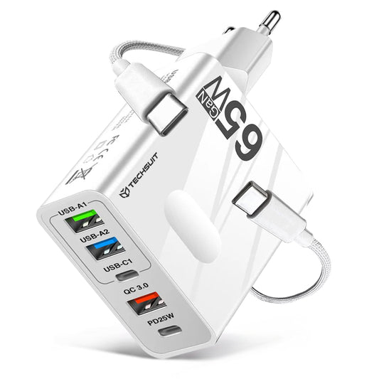 Nettlader med USB-C-kabel Techsuit CHC1 PentaXPower, 25W, 3A, 3 x USB-A - 2 x USB-C, Hvit
