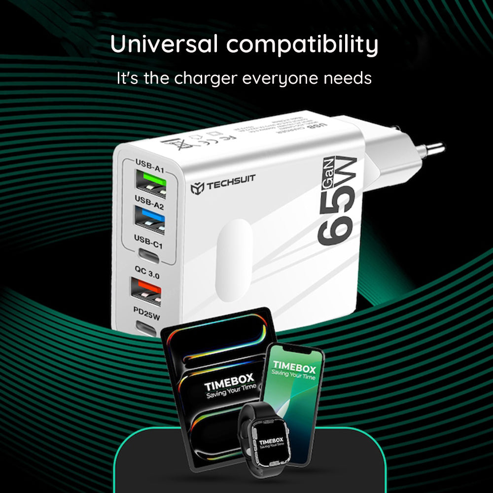 Nettlader med USB-C-kabel Techsuit CHC1 PentaXPower, 25W, 3A, 3 x USB-A - 2 x USB-C, Svart