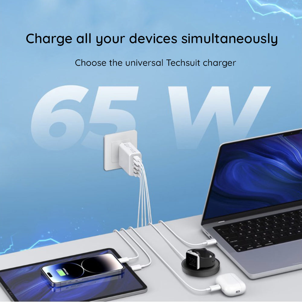 Nettlader med USB-C-kabel Techsuit CHC2 PentaXPower, 20W, 3A, 3 x USB-A - 2 x USB-C, Hvit