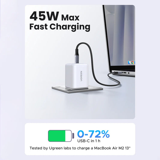 Nettlader med USB-C-kabel UGREEN X524 (65055), 45W, 3A, 1 x USB-C, hvit