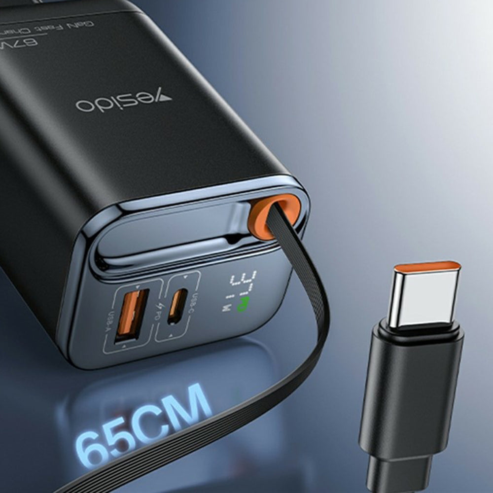 Nettlader med USB-C-kabel Yesido YC100 Display, 67W, 3.35A, 1 x USB-A - 1 x USB-C, Svart