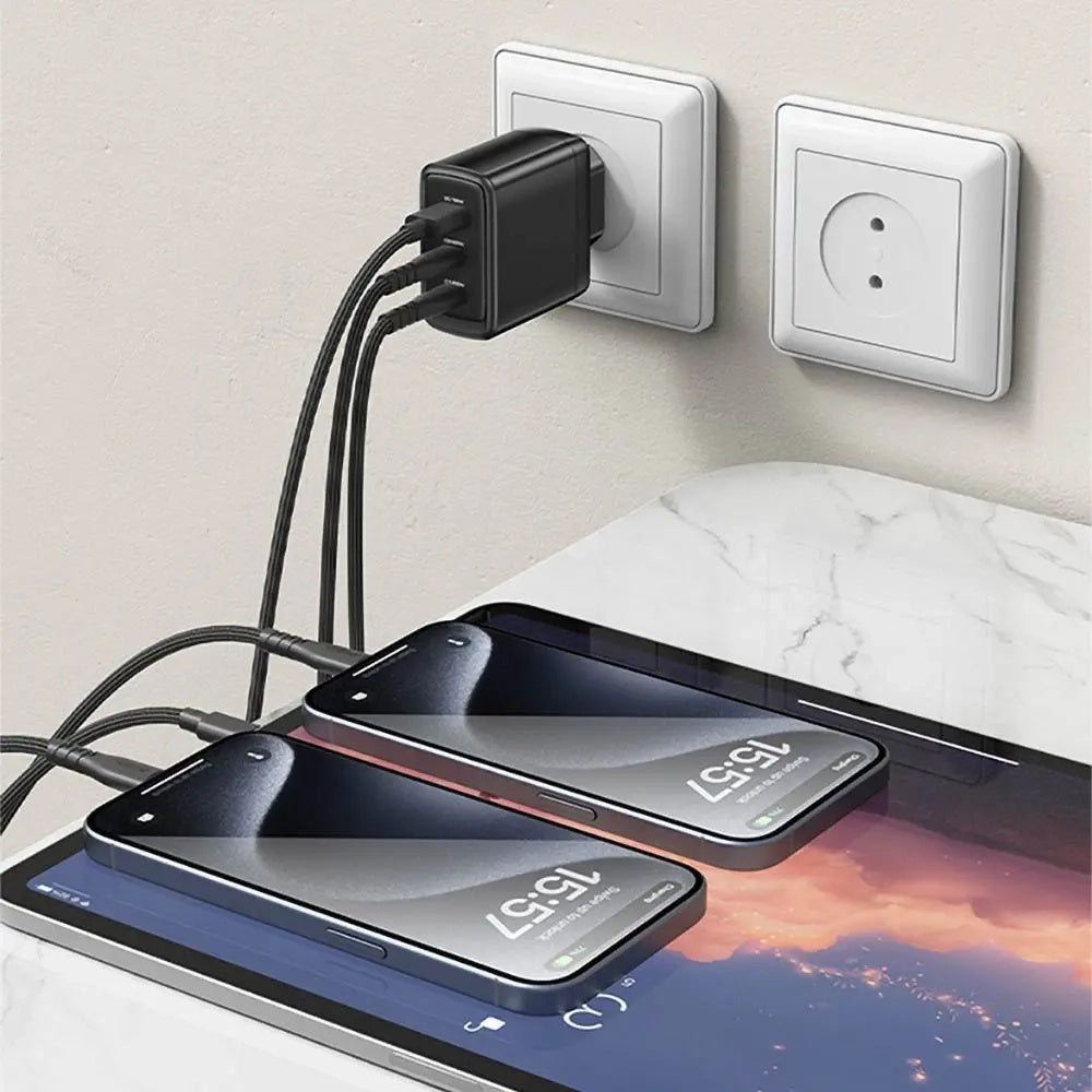 Nettlader med USB-C-kabel Yesido YC144C, 65W, 3.25A, 1 x USB-A - 2 x USB-C, Svart