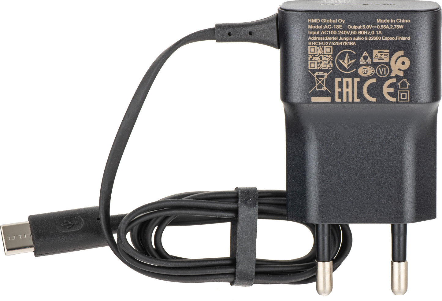 Nettlader med USB-C kabel HMD AC-18E, 2.75W, Svart SP60Z02Z1424S