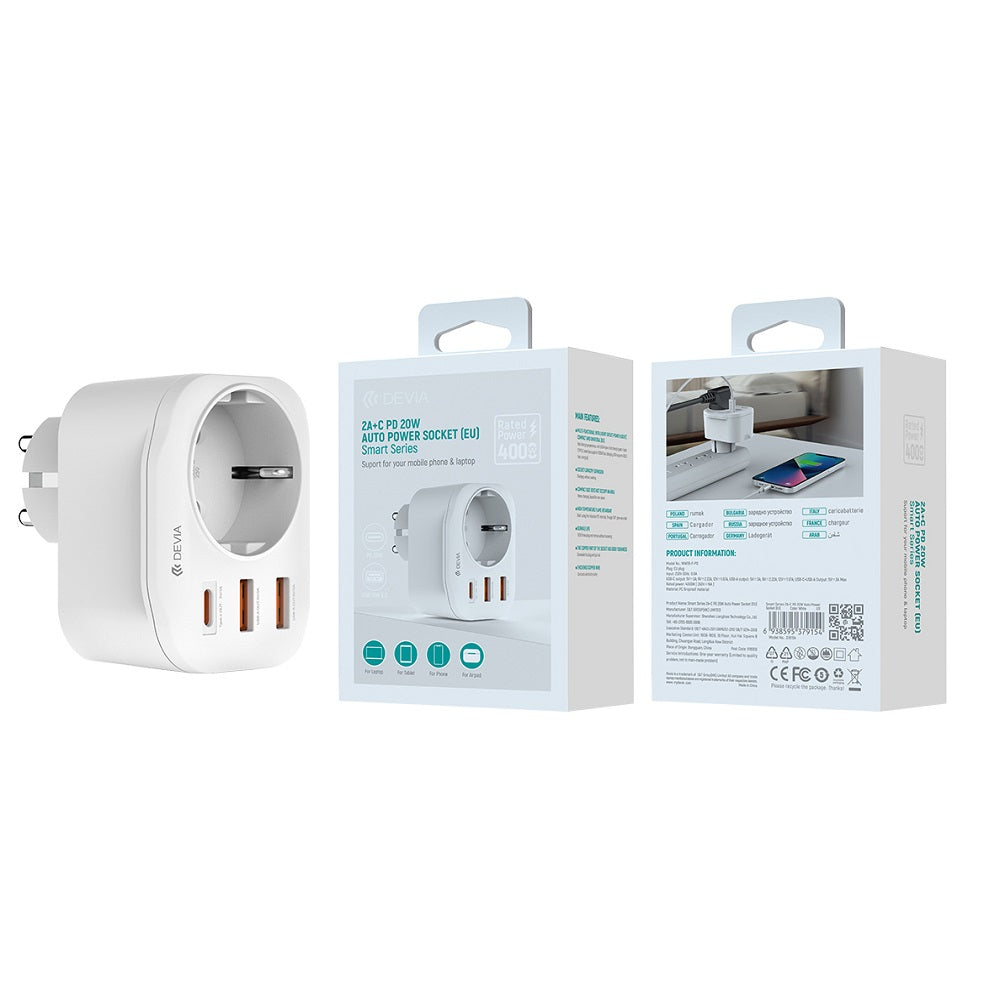 Nettlader DEVIA WW09-F-PD, 20W, 3A, 2 x USB-A - 1 x USB-C - 1 x Schuko, Hvit
