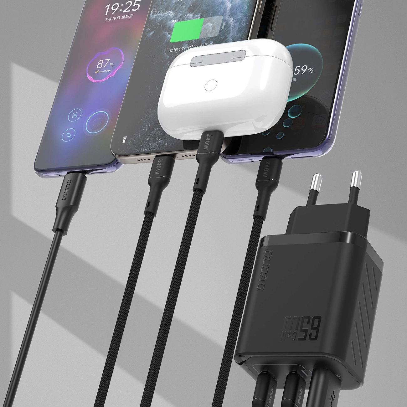 Lader for nettverk Dudao A29, 65W, 1 x USB-A - 2 x USB-C, Svart
