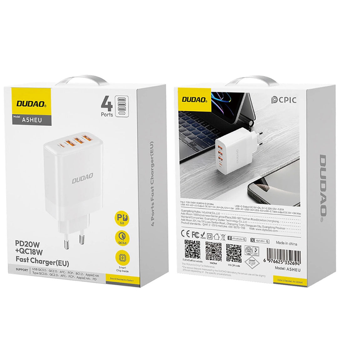 Nettverkslader Dudao A5HEU, 20W, 3A, 1 x USB-C - 3 x USB-A, hvit