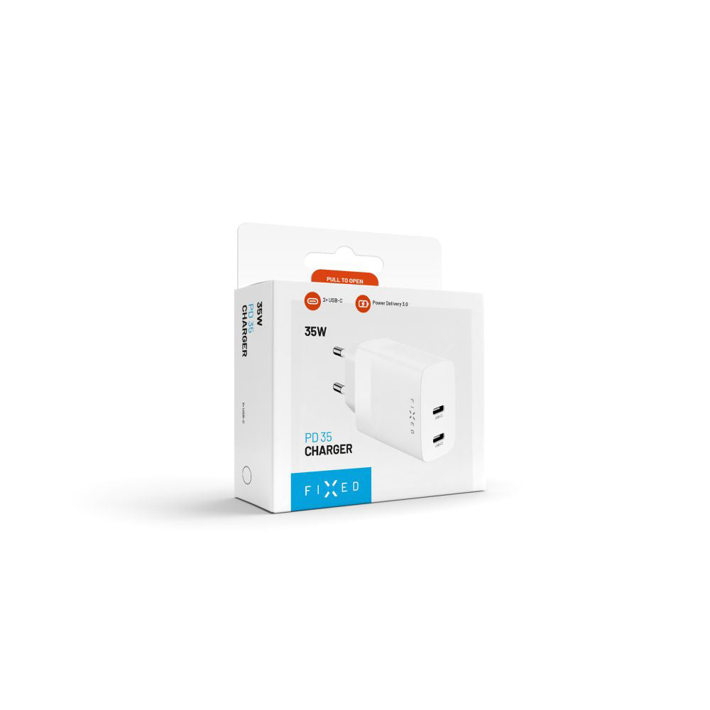 Nettlader Fixed, 35W, 3A, 2 x USB-C, Hvit
