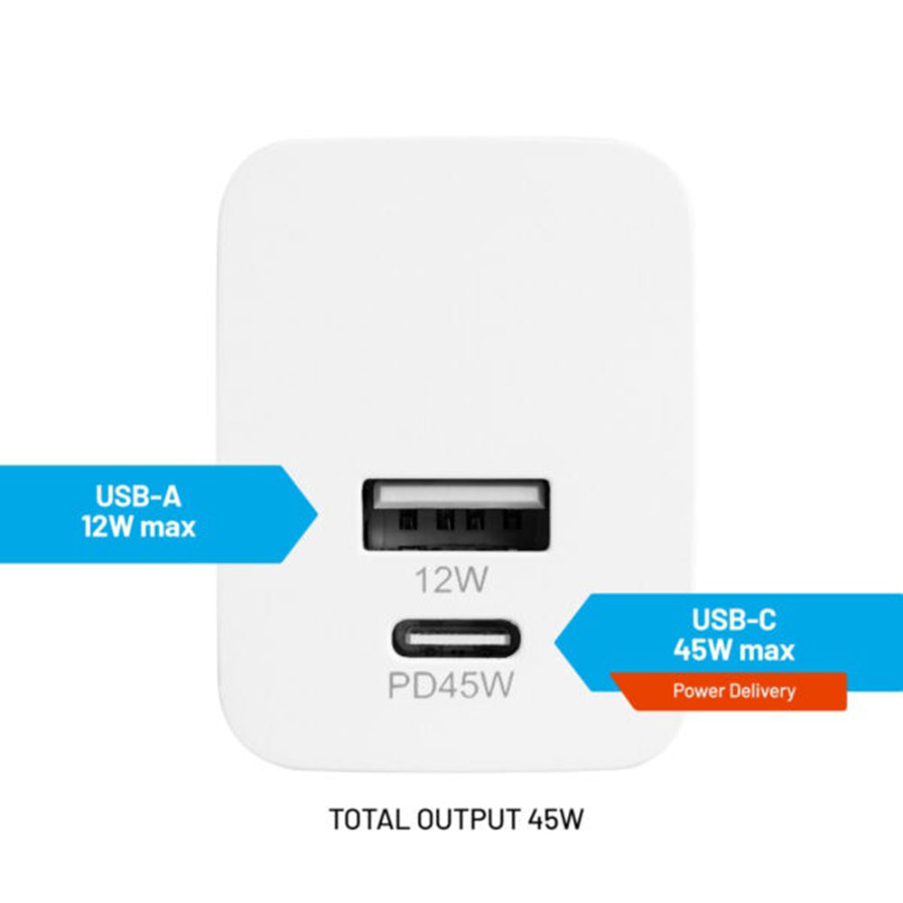 Nettlader Fixed Mini, 45W, 3A, 1 x USB-A - 1 x USB-C, Hvit