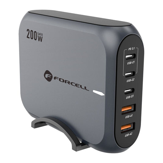 Ladestasjon Forcell F-ENERGY GaN III VT-51, 200 W, 5 A, 2 x USB-A - 3 x USB-C, grå