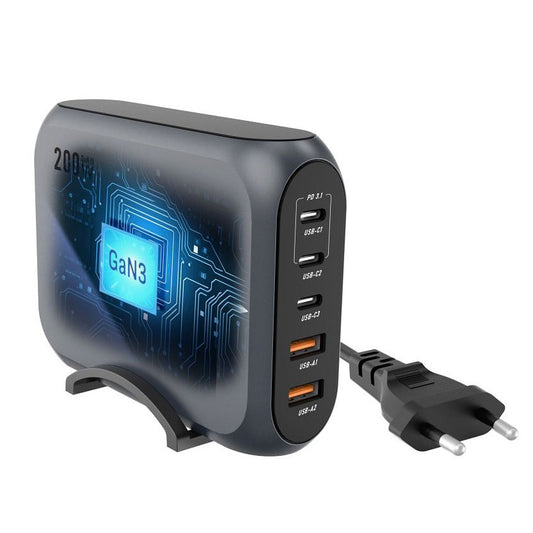 Ladestasjon Forcell F-ENERGY GaN III VT-51, 200 W, 5 A, 2 x USB-A - 3 x USB-C, grå
