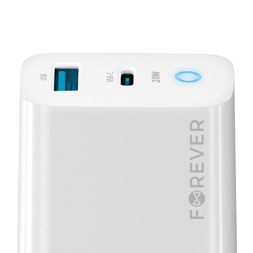 Forever nettverkslader TC-06-20AC, 20 W, 3 A, 1 x USB-A - 1 x USB-C, hvit