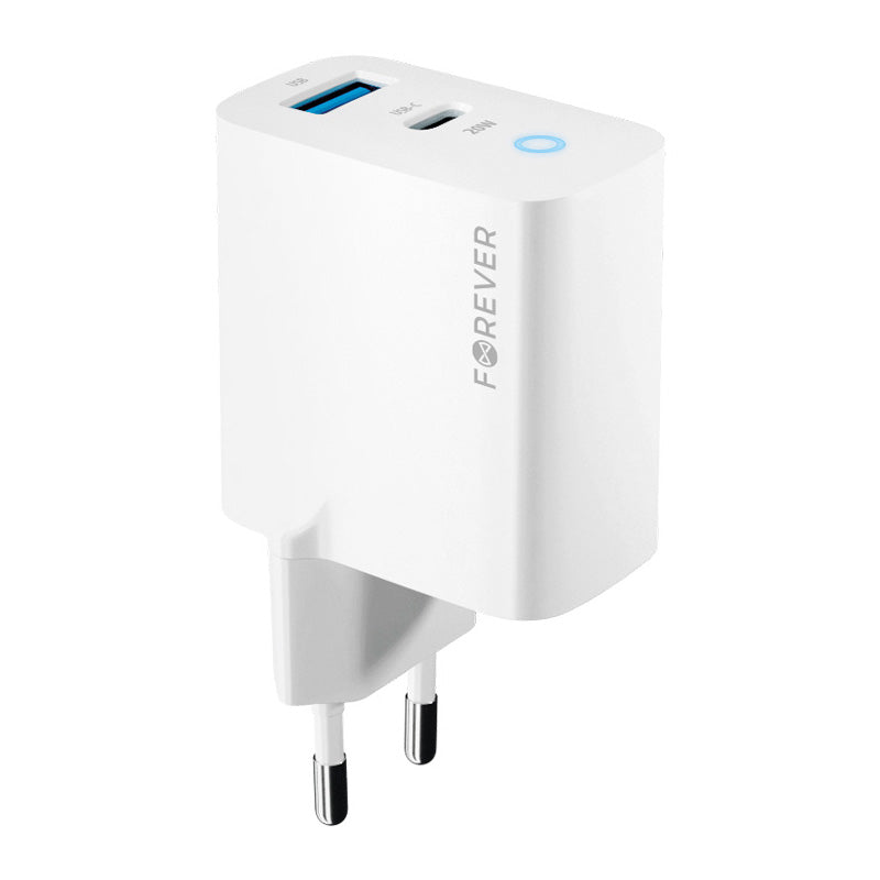 Forever nettverkslader TC-06-20AC, 20 W, 3 A, 1 x USB-A - 1 x USB-C, hvit