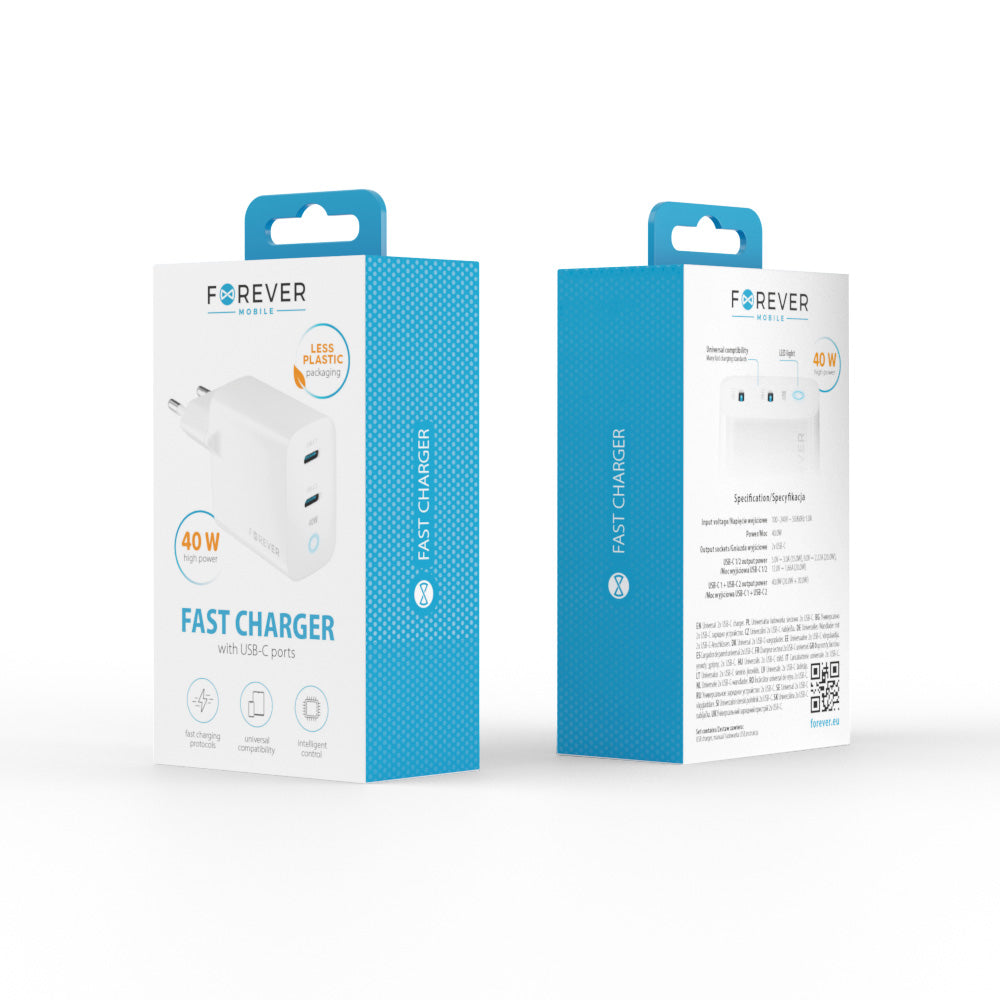 Nettverkslader Forever TC-06-40CC, 40W, 3A, 2 x USB-C, hvit