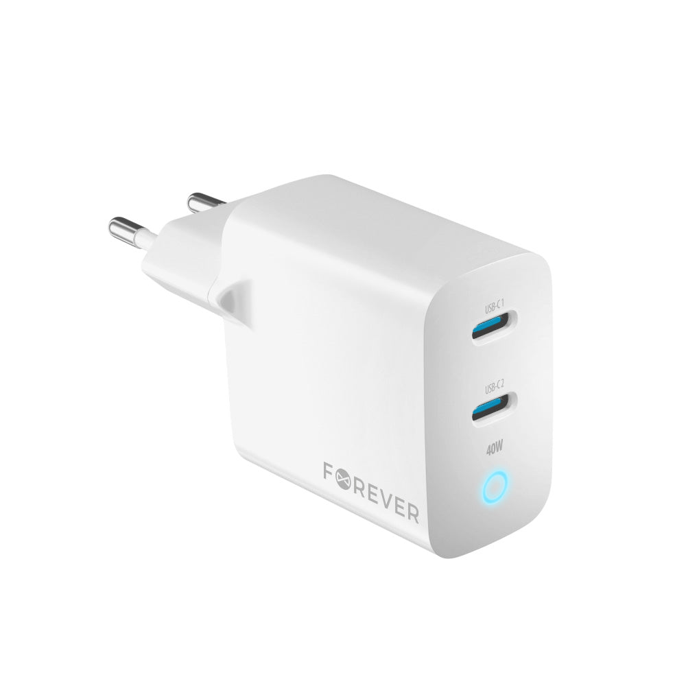 Nettverkslader Forever TC-06-40CC, 40W, 3A, 2 x USB-C, hvit