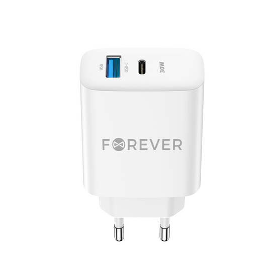 Nettverkslader Forever TC-07-30AC, 30W, 3A, 1 x USB-A - 1 x USB-C, hvit