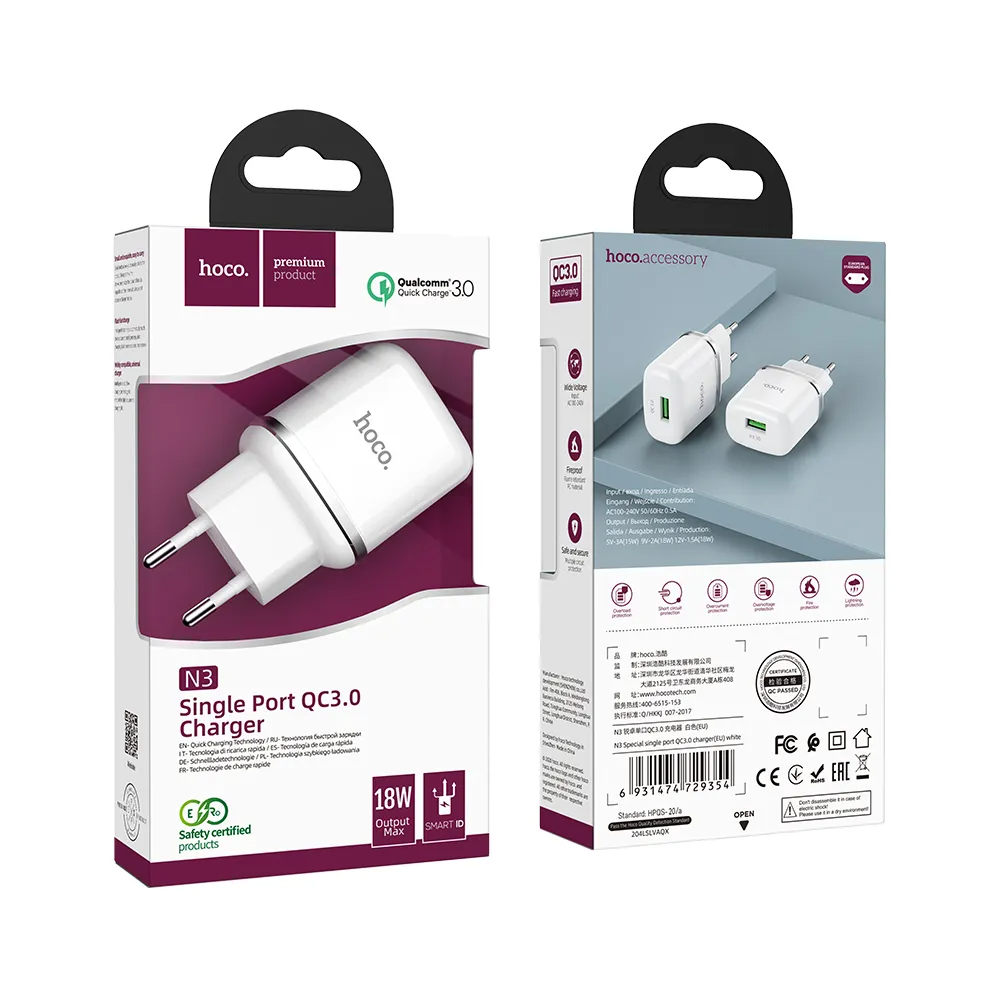 HOCO N3 Nettlader, 18W, 3A, 1 x USB-A, Hvit