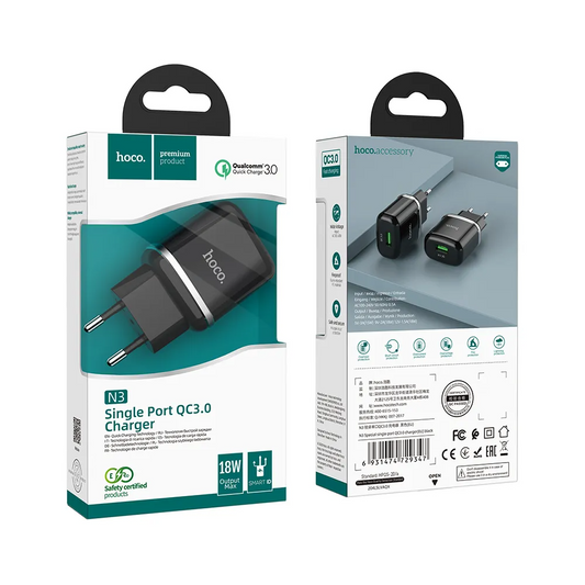 HOCO N3 Nettlader, 18W, 3A, 1 x USB-A, Svart