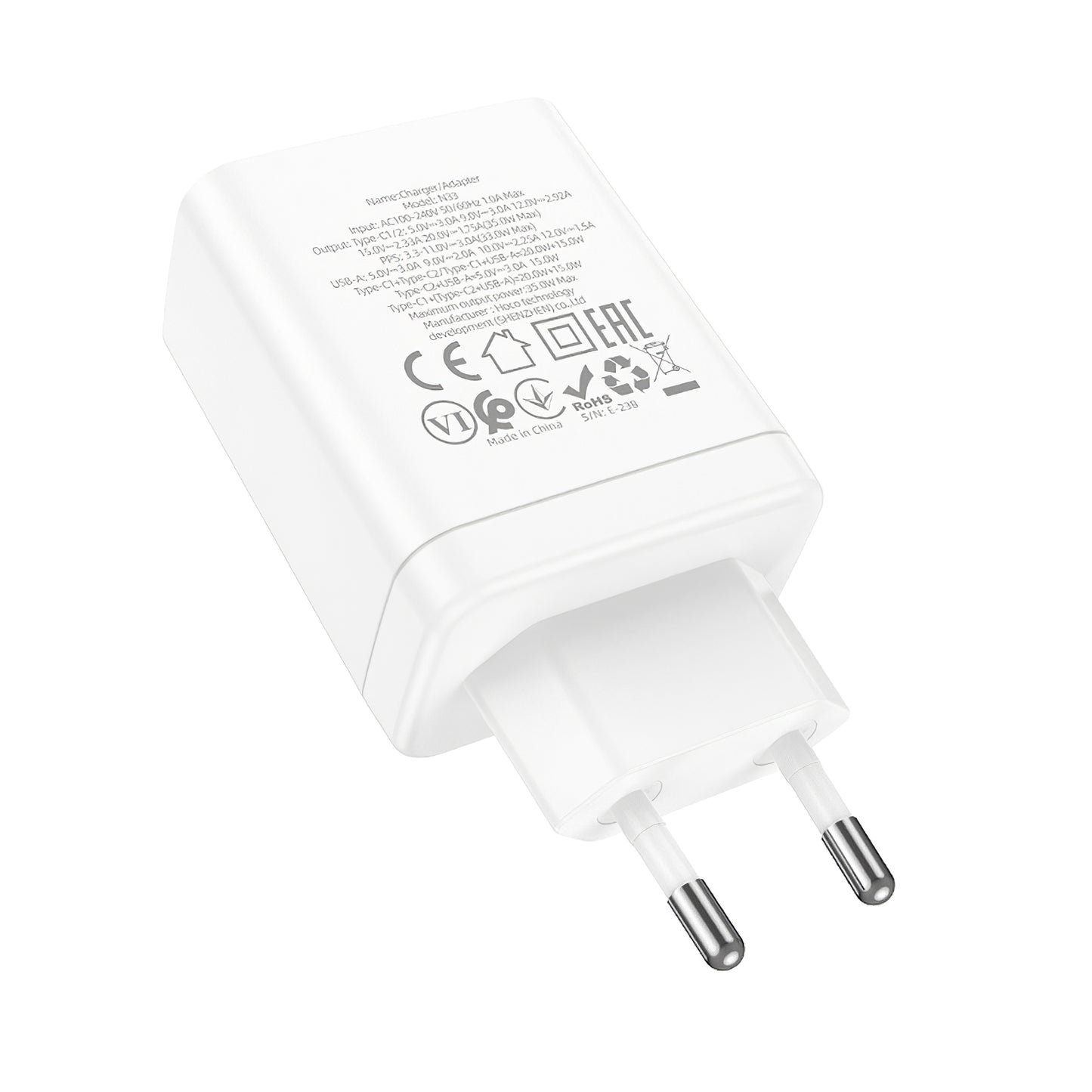 Nettverkslader HOCO N33, 35W, 3A, 1 x USB-A - 2 x USB-C, hvit