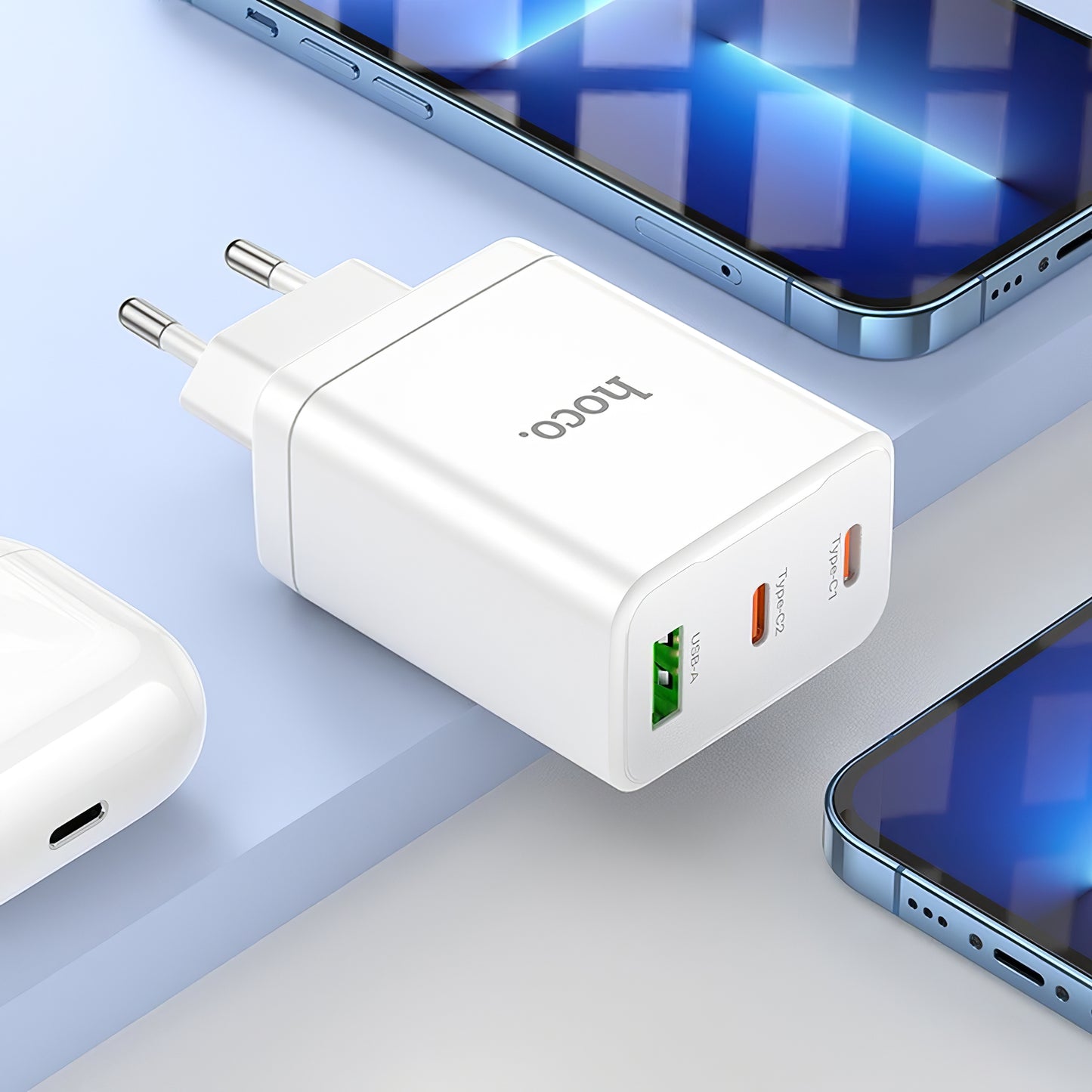 Nettverkslader HOCO N33, 35W, 3A, 1 x USB-A - 2 x USB-C, hvit