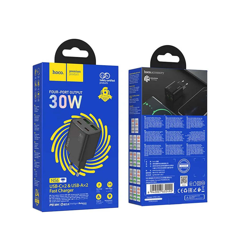 HOCO N56 Nettlader, 30W, 3A, 2 x USB-A - 2 x USB-C, Svart