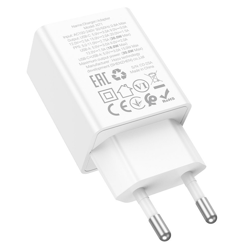 Nettlader HOCO N71, 30W, 3A, 1 x USB-A - 1 x USB-C, Hvit