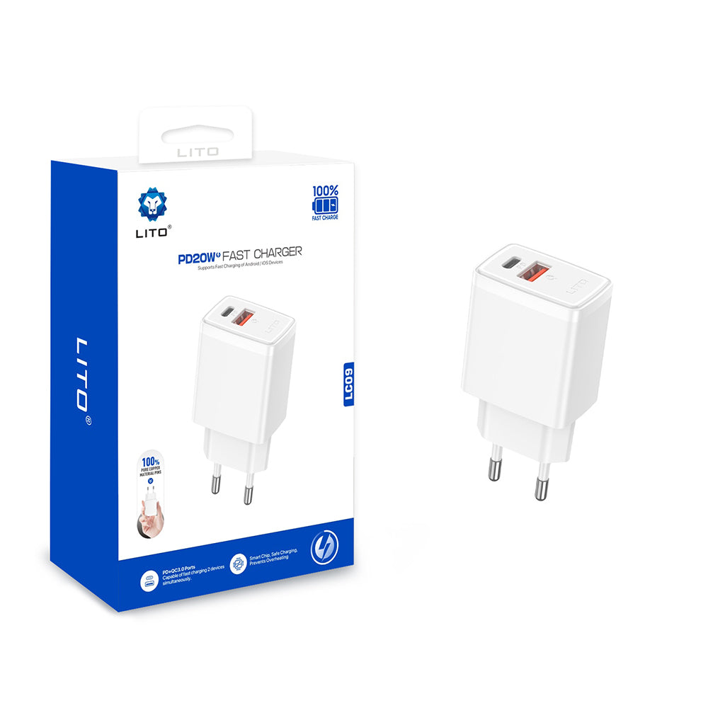Lito LC09 Nettlader, 20W, 3A, 1 x USB-A - 1 x USB-C, Hvit