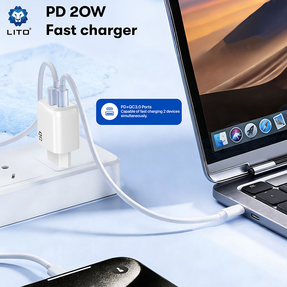 Lito LC28 Nettlader, 20W, 3A, 1 x USB-A - 1 x USB-C, Hvit
