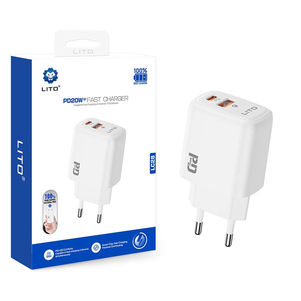 Lito LC28 Nettlader, 20W, 3A, 1 x USB-A - 1 x USB-C, Hvit