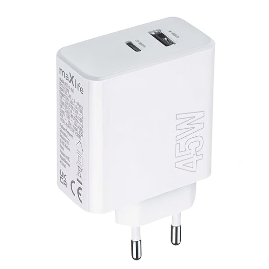 MaXlife MXTC-07-45AC nettverkslader, 45 W, 3 A, 1 x USB-A - 1 x USB-C, hvit