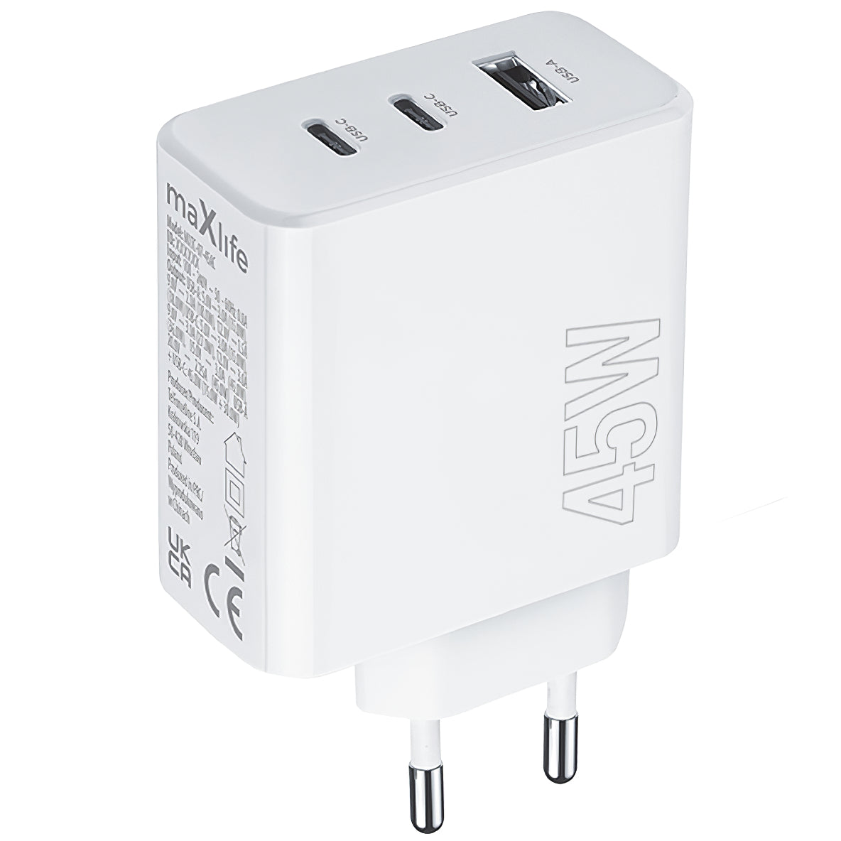 MaXlife nettverkslader MXTC-07-45ACC, 45 W, 3 A, 1 x USB-A - 2 x USB-C, hvit