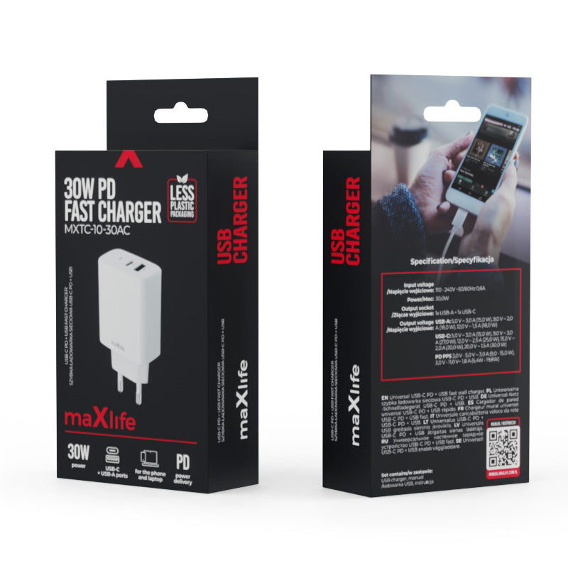 MaXlife MXTC-10-30AC nettverkslader, 30 W, 3 A, 1 x USB-A - 1 x USB-C, hvit