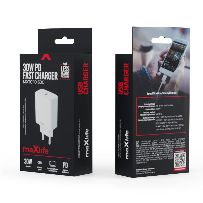 MaXlife MXTC-10-30C MaXlife MXTC-10-30C nettverkslader, 30 W, 3 A, 1 x USB-C, hvit