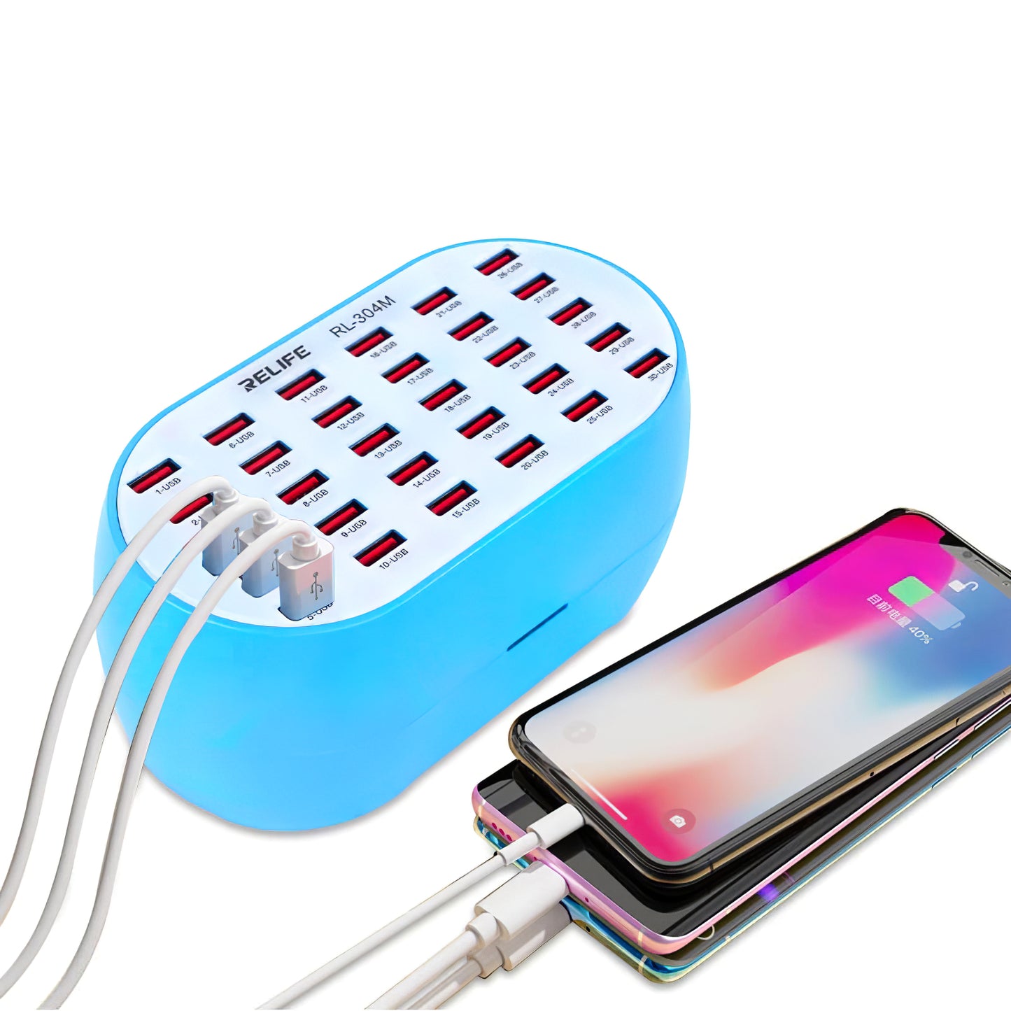 Ladestasjon Relife RL-304M, 160W, 2,4A, 30 x USB-A, blå