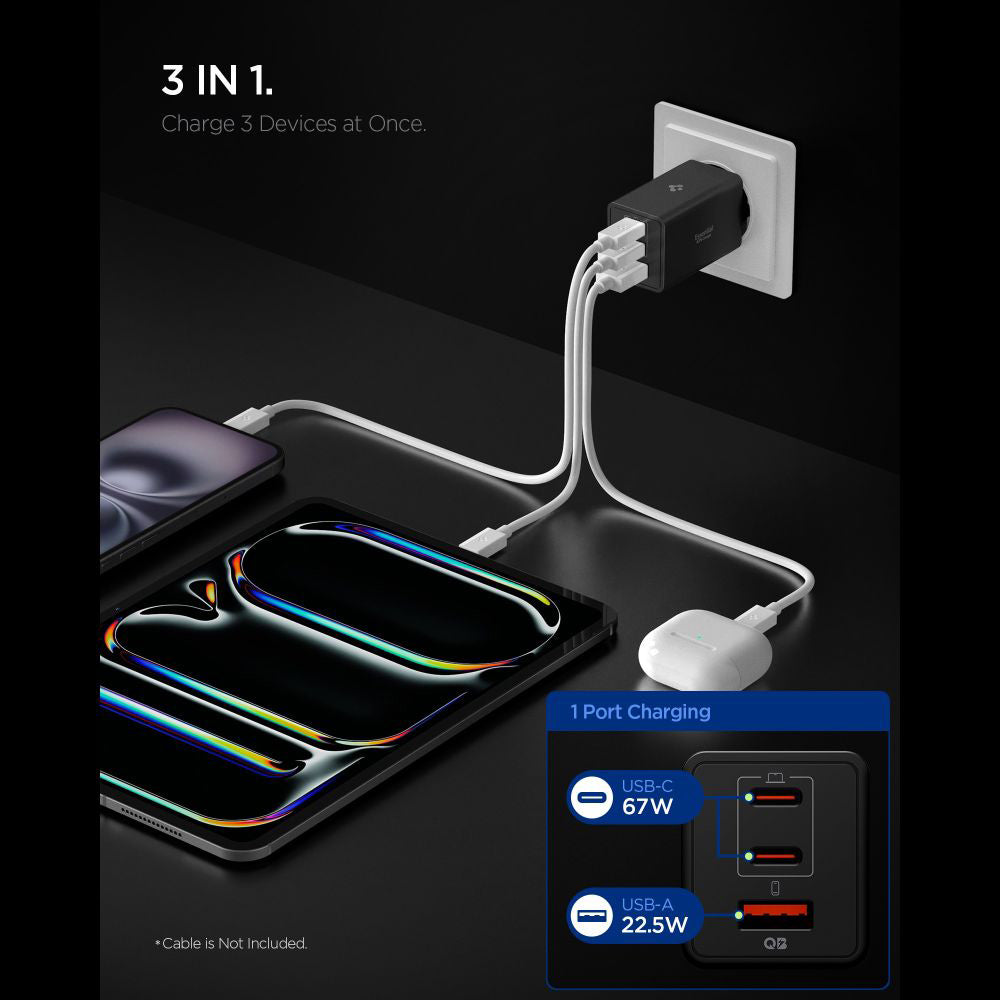 Spigen Essential Nettlader, 67W, 3.25A, 1 x USB-A - 2 x USB-C, Svart ACH09458