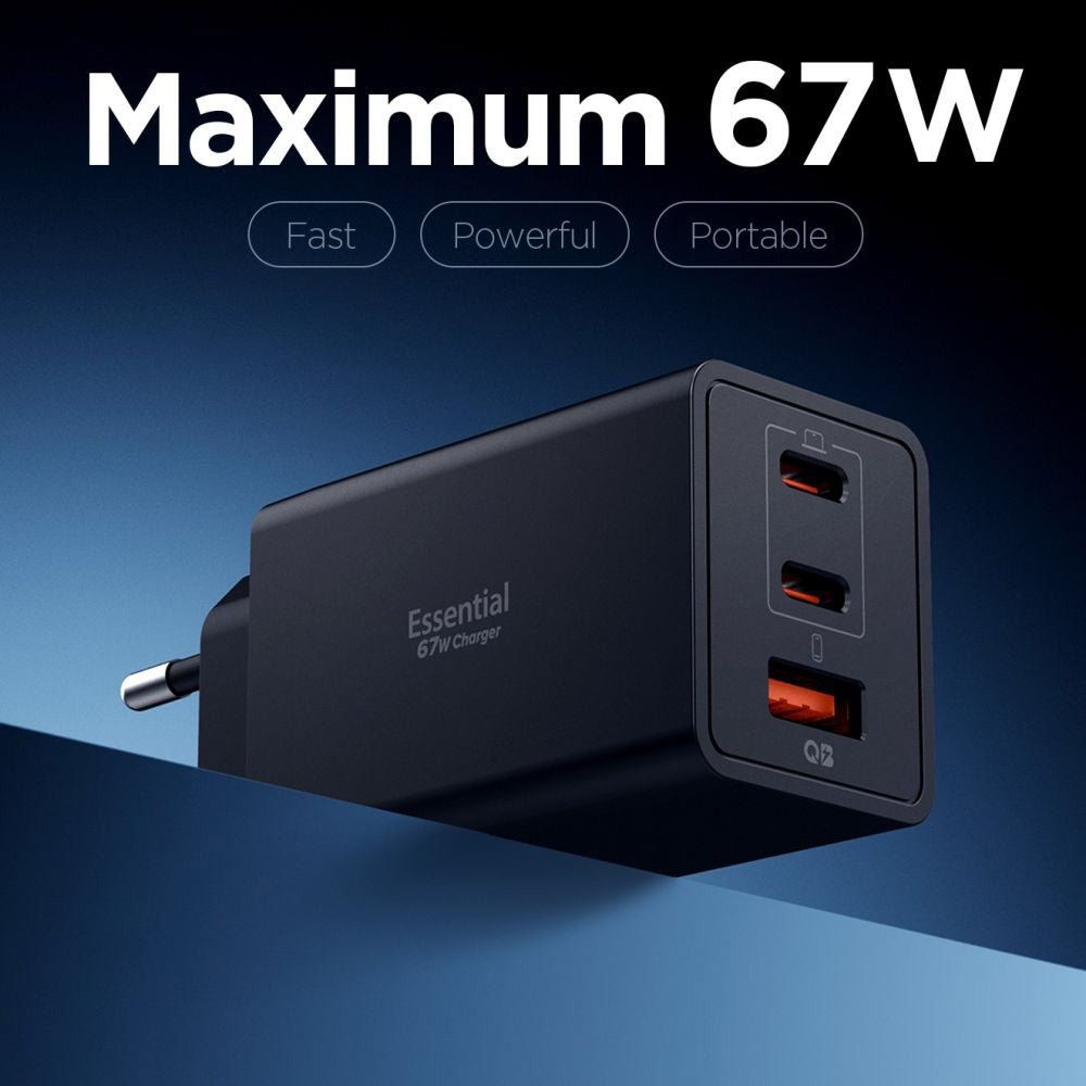 Spigen Essential Nettlader, 67W, 3.25A, 1 x USB-A - 2 x USB-C, Svart ACH09458