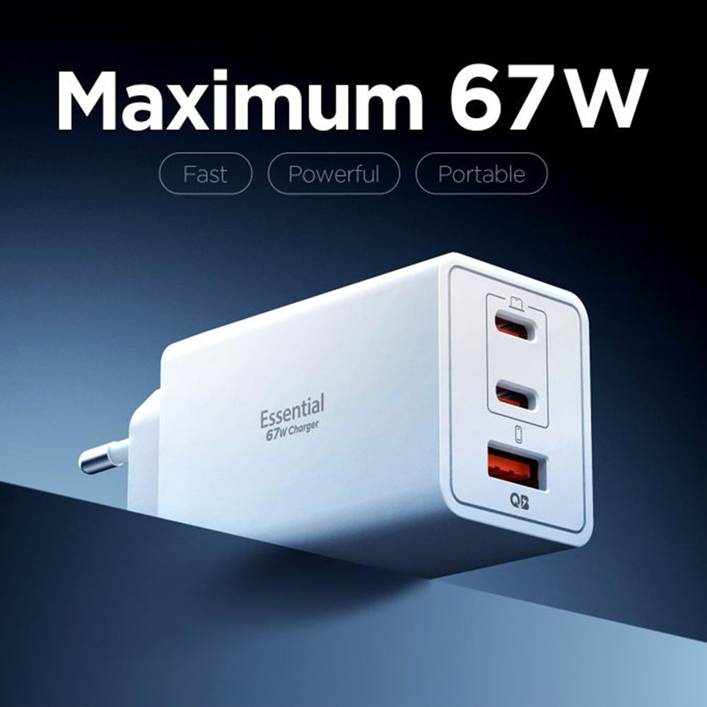 Spigen Essential Nettlader, 67W, 3.25A, 1 x USB-A - 2 x USB-C, Hvit ACH08710
