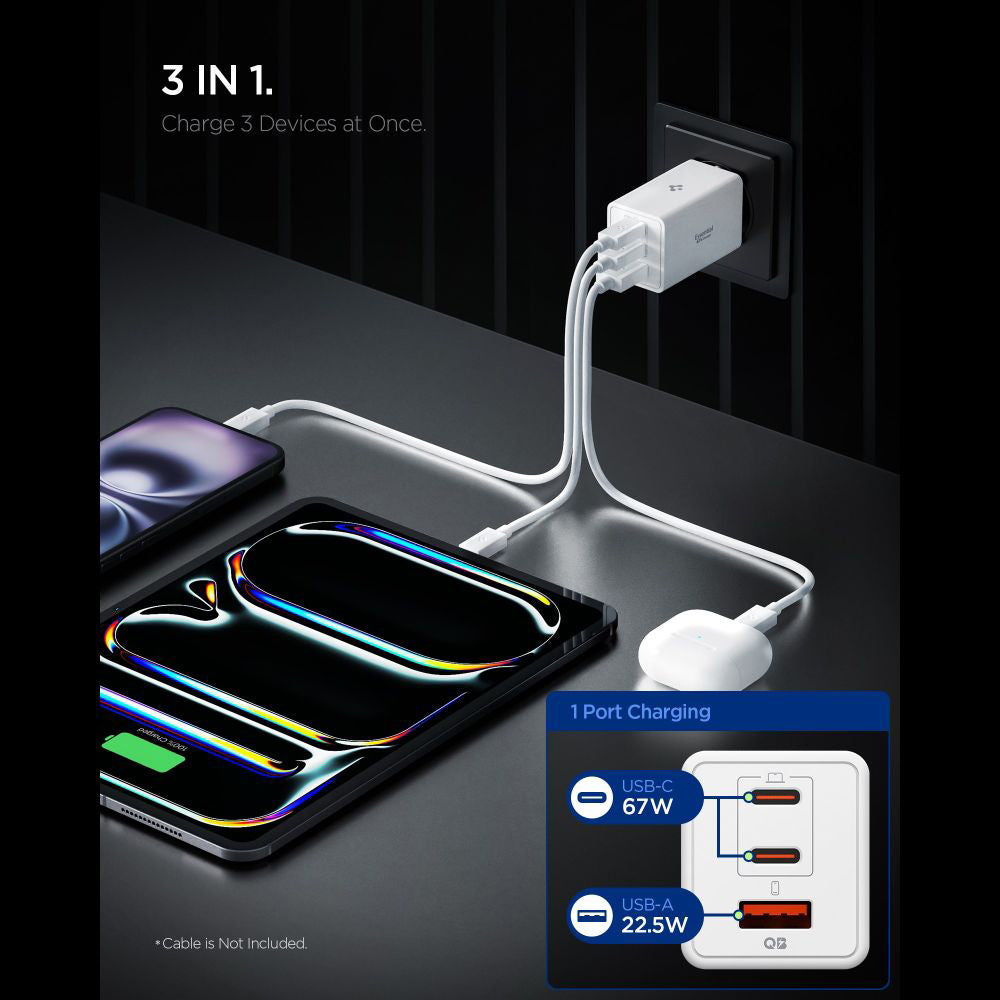 Spigen Essential Nettlader, 67W, 3.25A, 1 x USB-A - 2 x USB-C, Hvit ACH08710