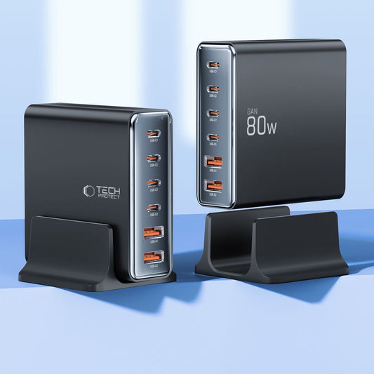 Tech-Protect DC80W stasjonslader, 80 W, 3 A, 2 x USB-A - 4 x USB-C, svart