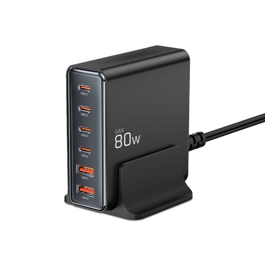 Tech-Protect DC80W stasjonslader, 80 W, 3 A, 2 x USB-A - 4 x USB-C, svart