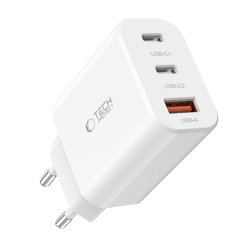 Nettverkslader Tech-Protect NC30W, 30W, 3A, 1 x USB-A - 2 x USB-C, hvit