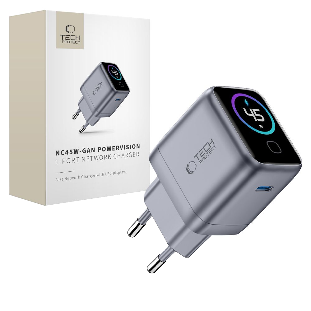 Tech-Protect NC45W Display nettadapter, 45W, 3A, 1 x USB-C, Grå