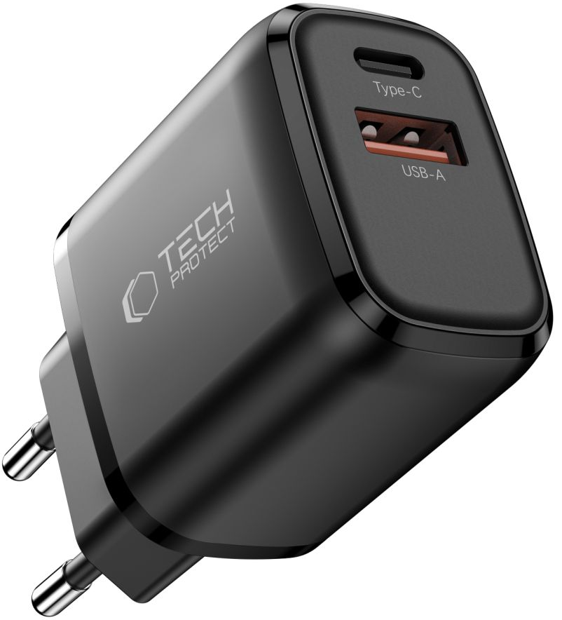Nettlader Tech-Protect NCA45W, 45W, 3A, 1 x USB-A - 1 x USB-C, Svart