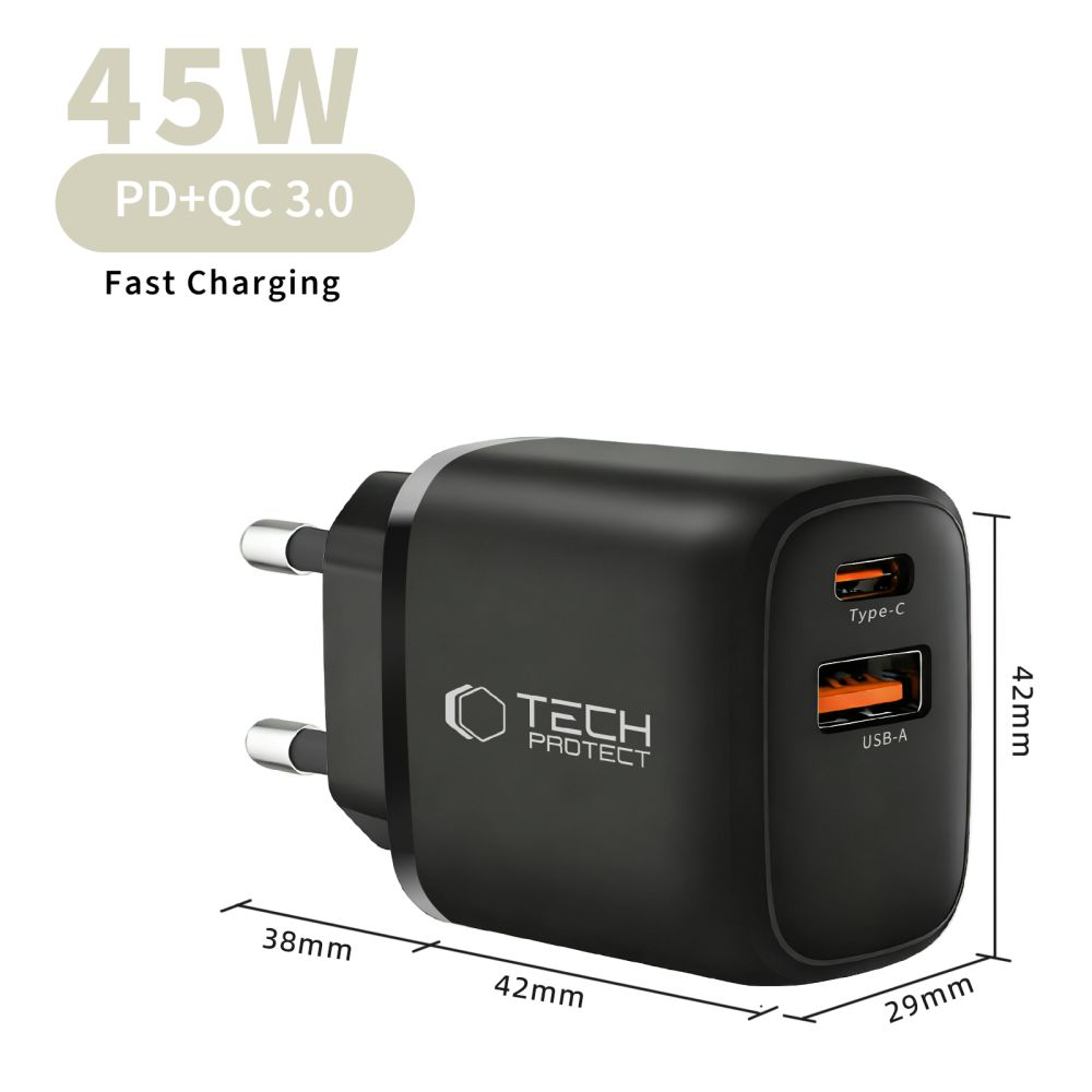 Nettlader Tech-Protect NCA45W, 45W, 3A, 1 x USB-A - 1 x USB-C, Svart